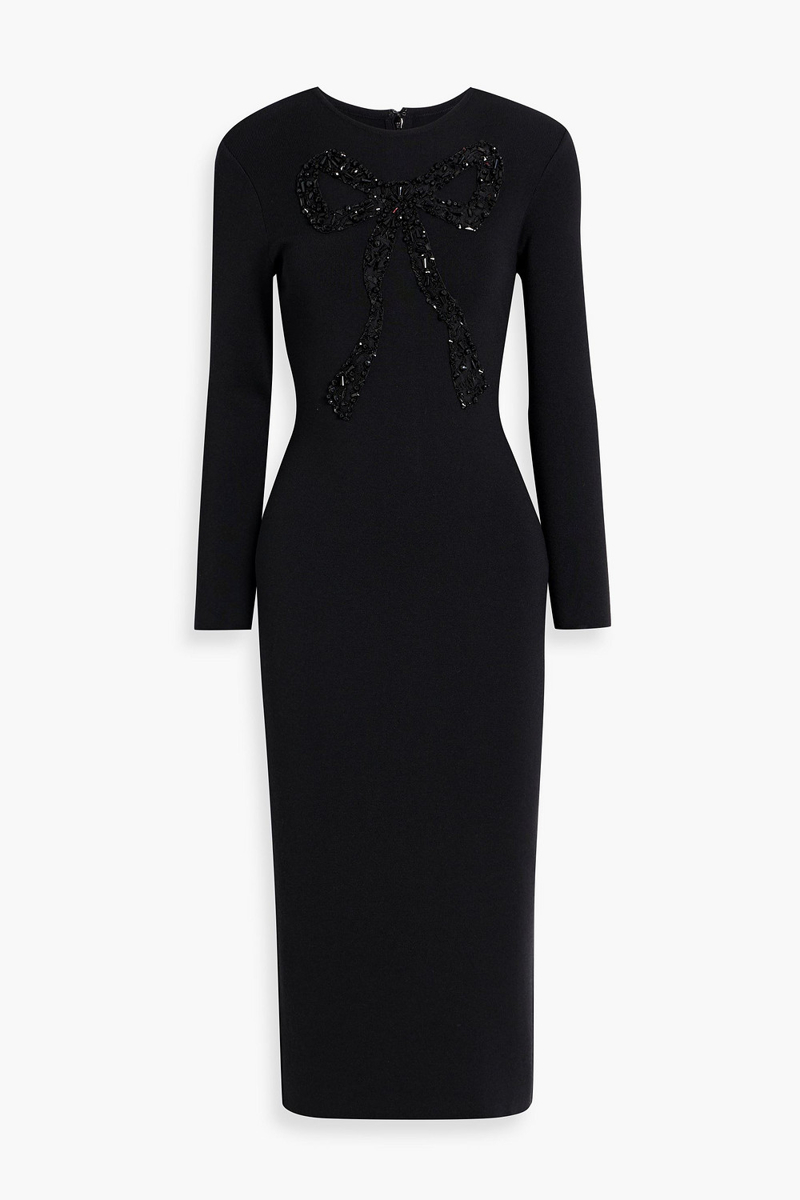 carolina herrera - bow-detailed embellished wool-blend midi dress - black - xs