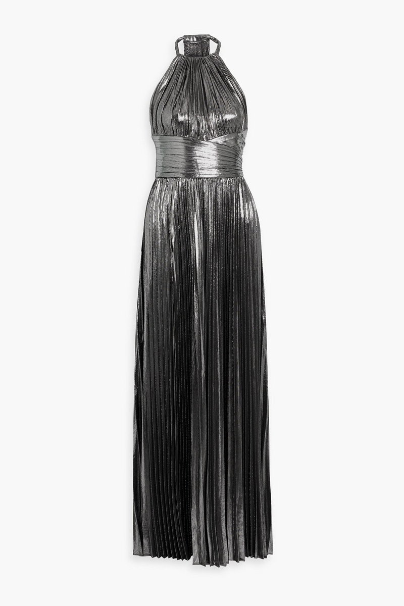 retrofête - reiss pleated lamé halterneck maxi dress - metallic - m