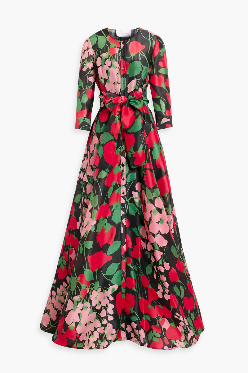 carolina herrera - belted floral-print silk-gazar gown - black - us 0