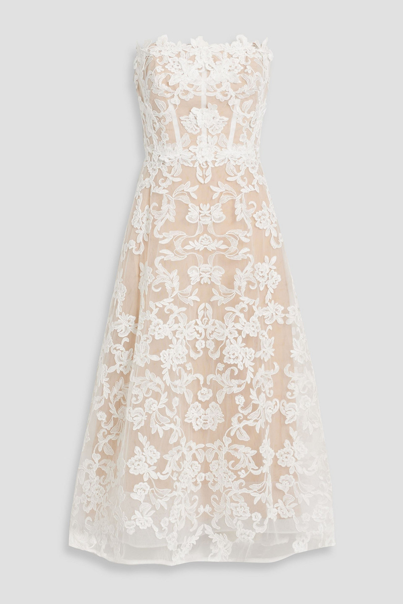marchesa notte - strapless floral-appliquéd corded lace midi dress - white - us 8