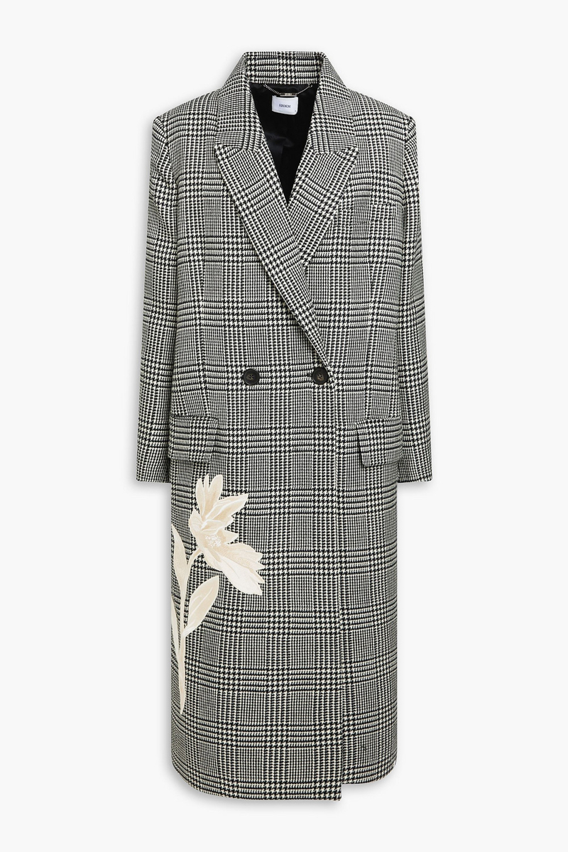 erdem - embroidered prince of wales checked wool-tweed coat - black - uk 8