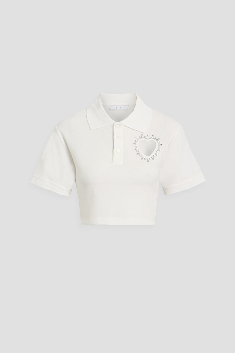 area - cropped embellished cotton-piqué polo shirt - white - xs