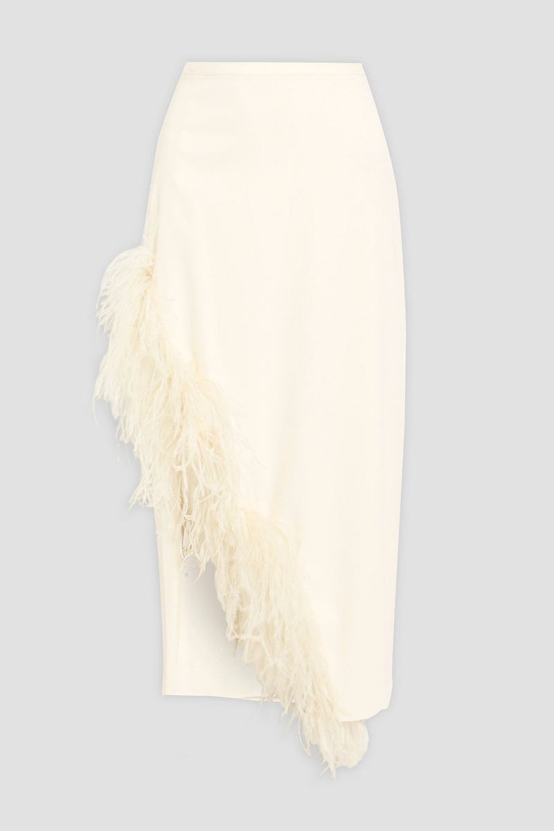 lapointe - feather-trimmed crepe midi skirt - white - us 2