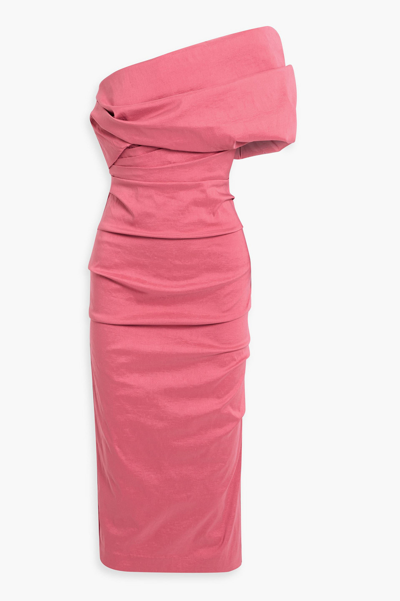 rachel gilbert - kat one-shoulder draped shantung midi dress - pink - 6