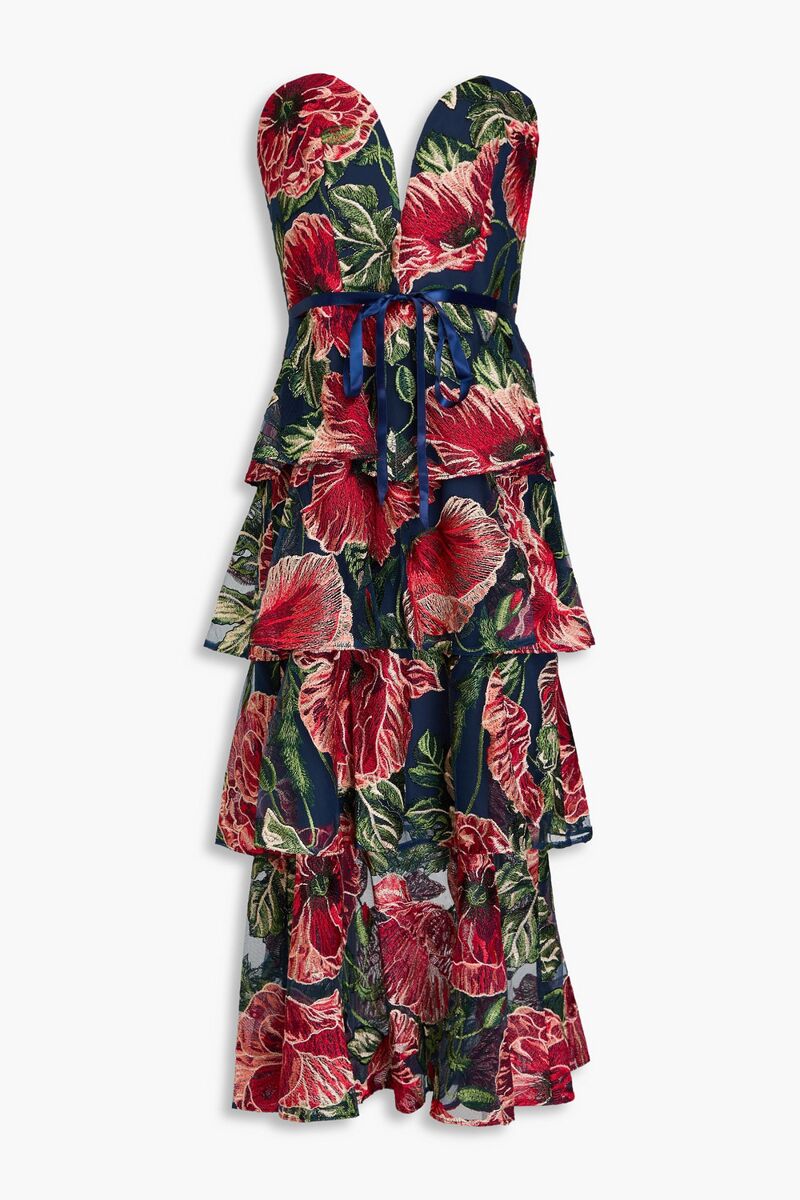 Marchesa Notte - Strapless tiered embroidered tulle midi dress - Blue - US 2
