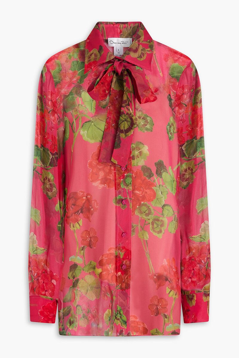 Oscar de la Renta - Pussy-bow floral-print silk-chiffon shirt - Pink - US 10