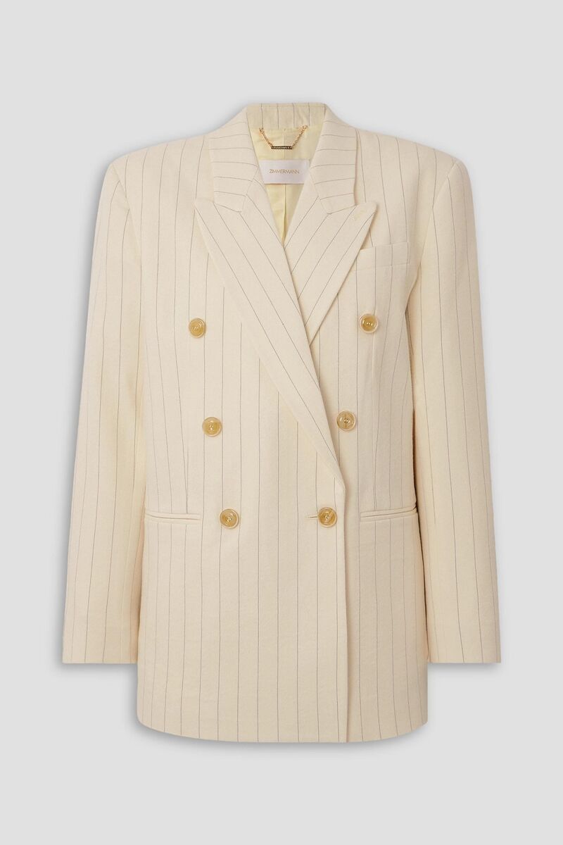 Zimmermann - Luminosity oversized double-breasted pinstriped wool and cotton-blend blazer - White - 4