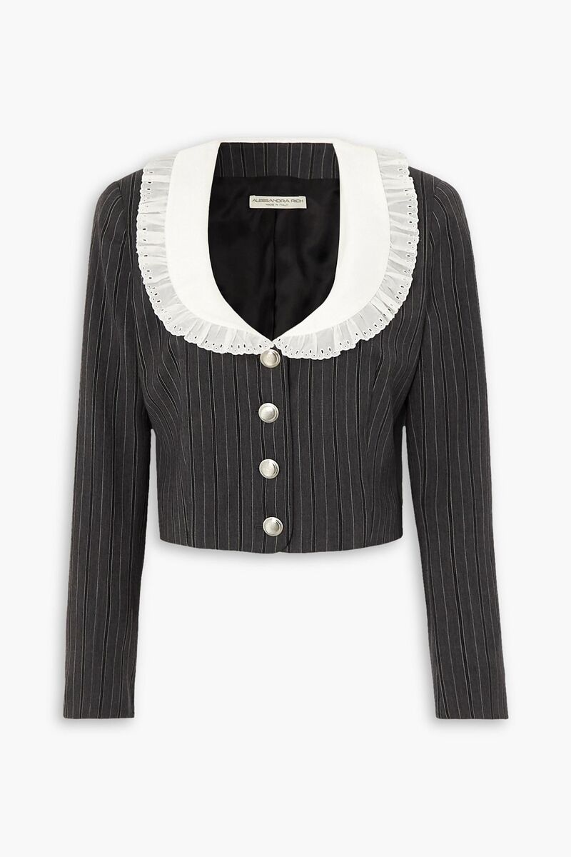 Alessandra Rich - Cropped broderie anglaise-trimmed pinstriped wool-blend jacket - Gray - IT 38