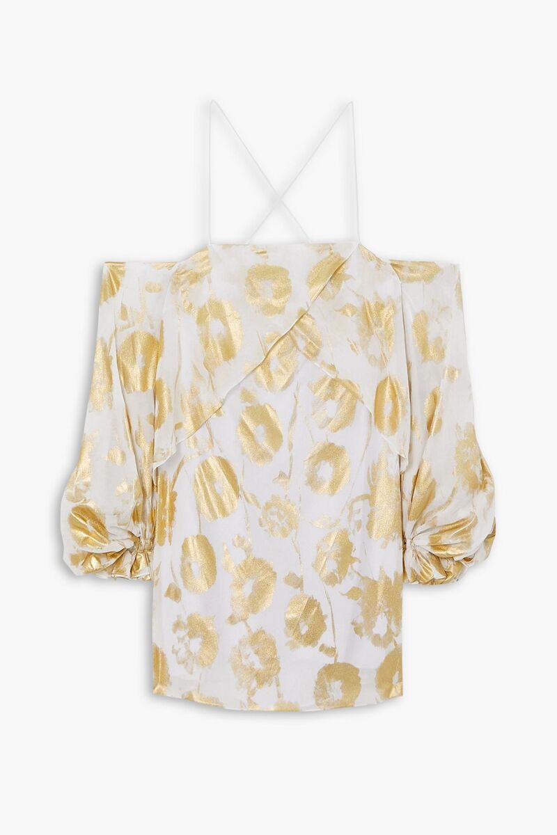Halpern - Cold-shoulder metallic floral-print cotton-voile mini dress - Metallic - FR 36