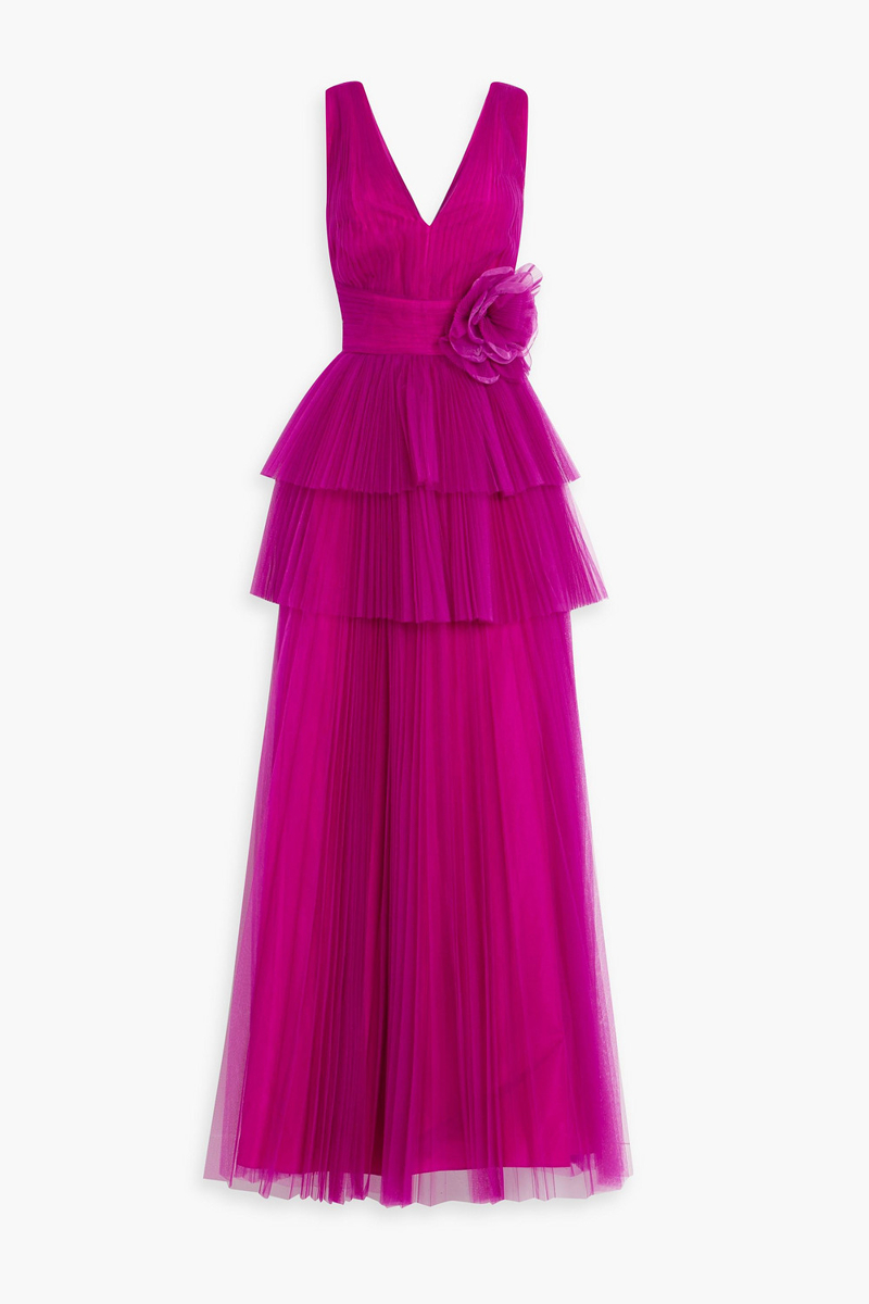 zac posen - tiered floral-appliquéd tulle gown - purple - us 2