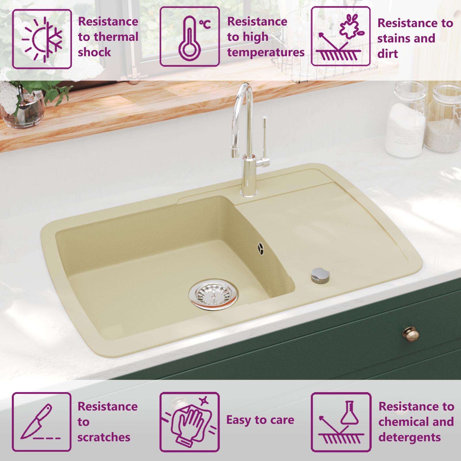 vidaXL Granite Kitchen Sink Single Basin Black Overmount With Basket