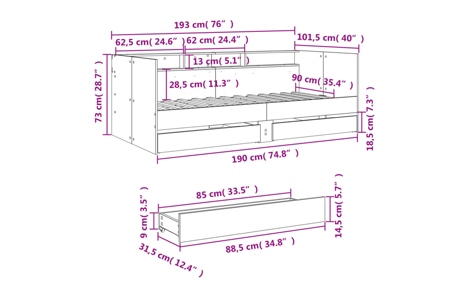 Daybed with Drawers Single Sofa Couch Bed White 90x190 cm Engineered Wood vidaXL - Picture 4 of 10
