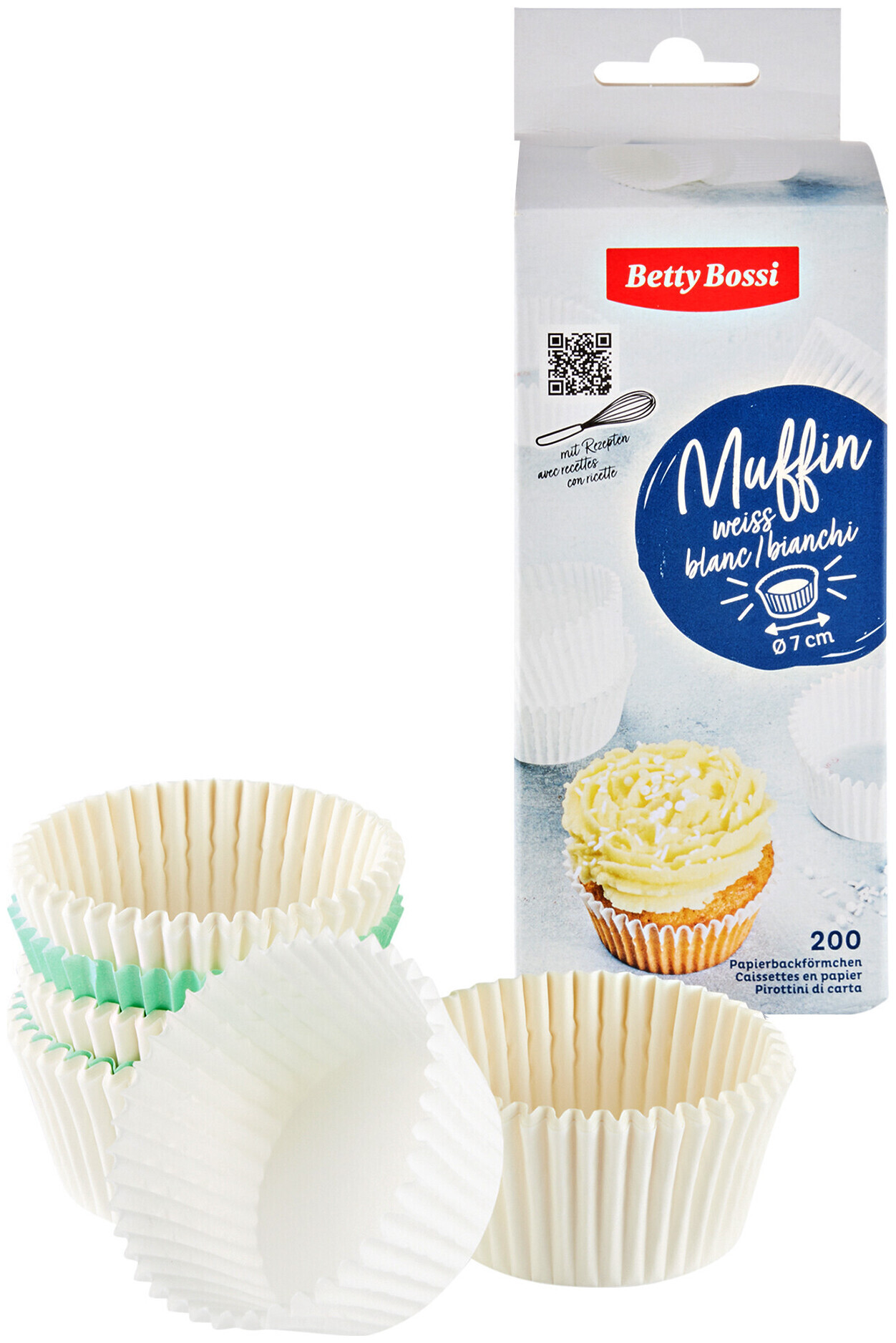 Image of Betty Bossi Papierbackform Muffin weiss 7cm, 200 Stück, mit Rezepten, fettdichtes, stabiles Backpapier, hitzebeständig bis 220 Grad