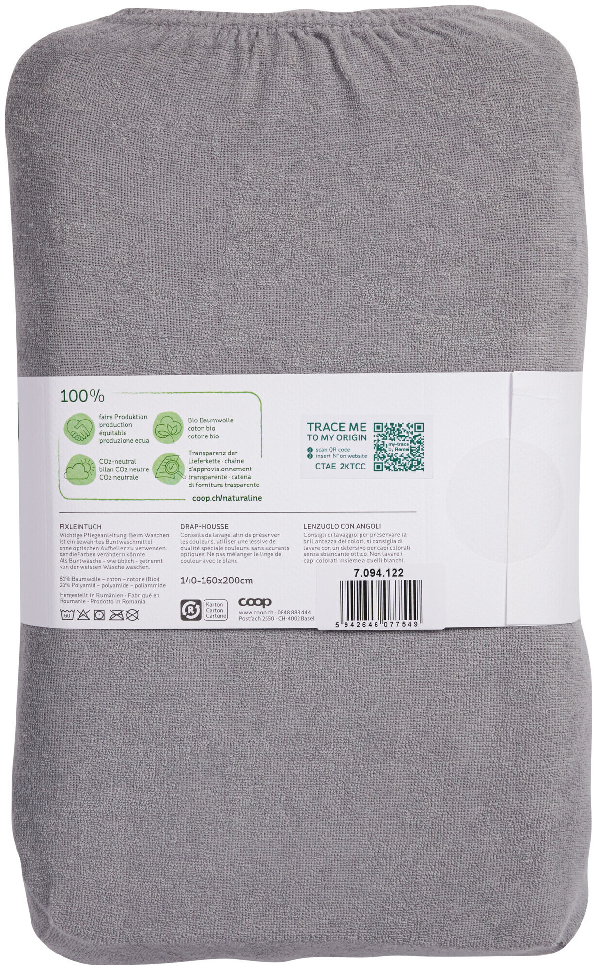 Image of Naturaline Textil Bio Fixl. Frotte 160x200 grau