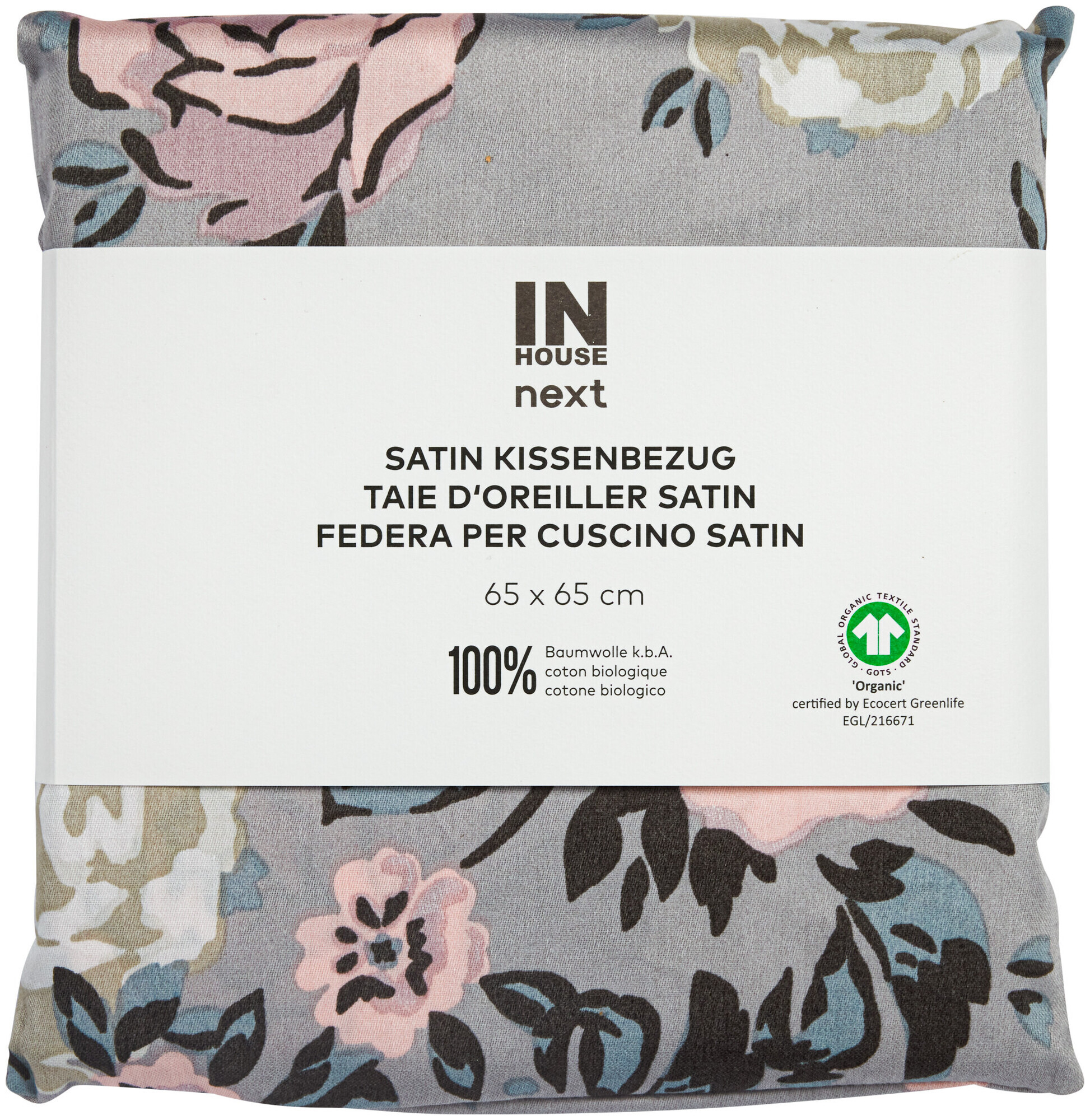 Image of Inhouse Kissen Gots Satin 65x65 Rosen grau