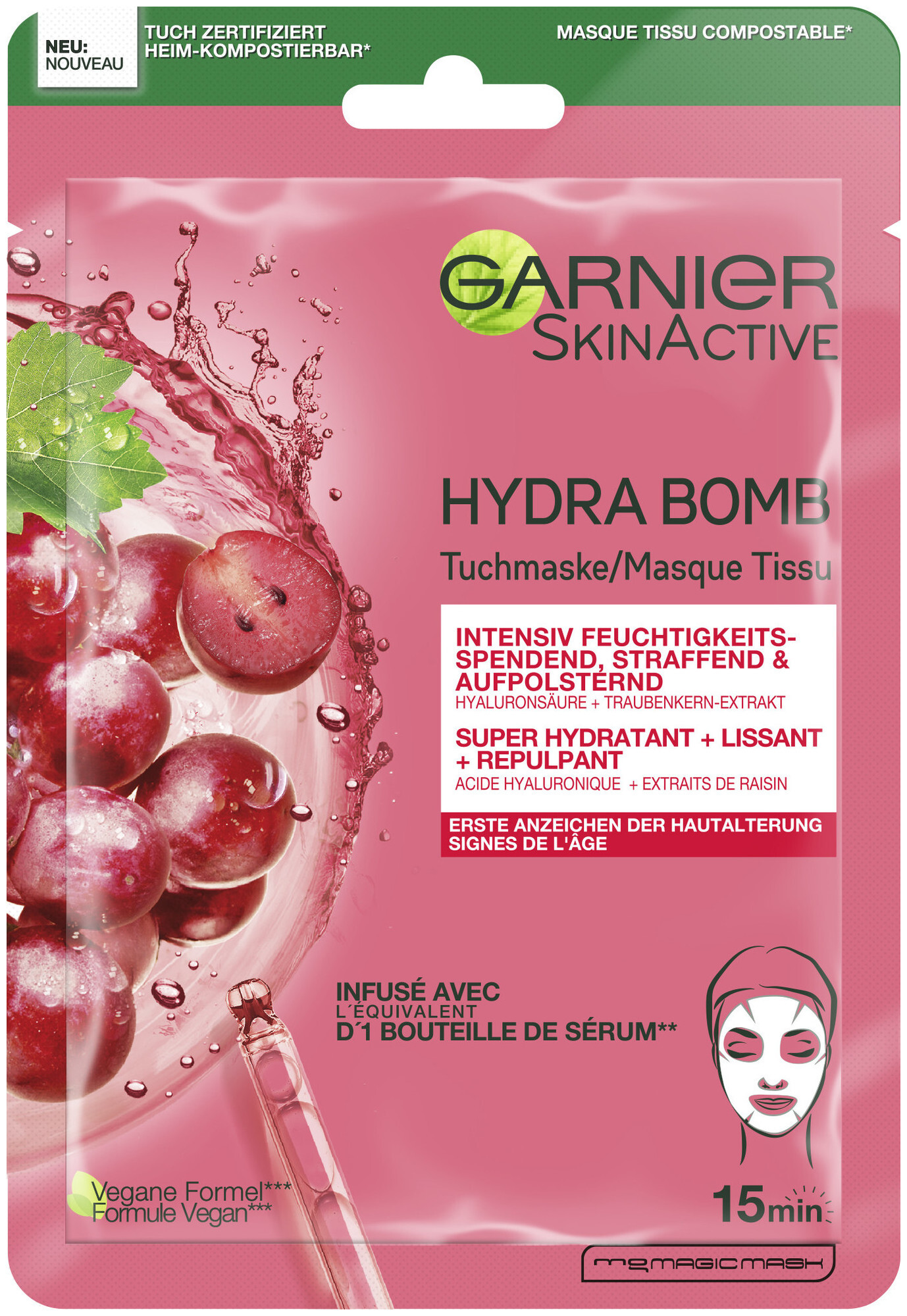 Image of Garnier Hydra Bomb Tuchmaske gegen erste Anzeichen der Hautalterung, instensiv straffende & feuchtigkeitsspendende Maske; 32g