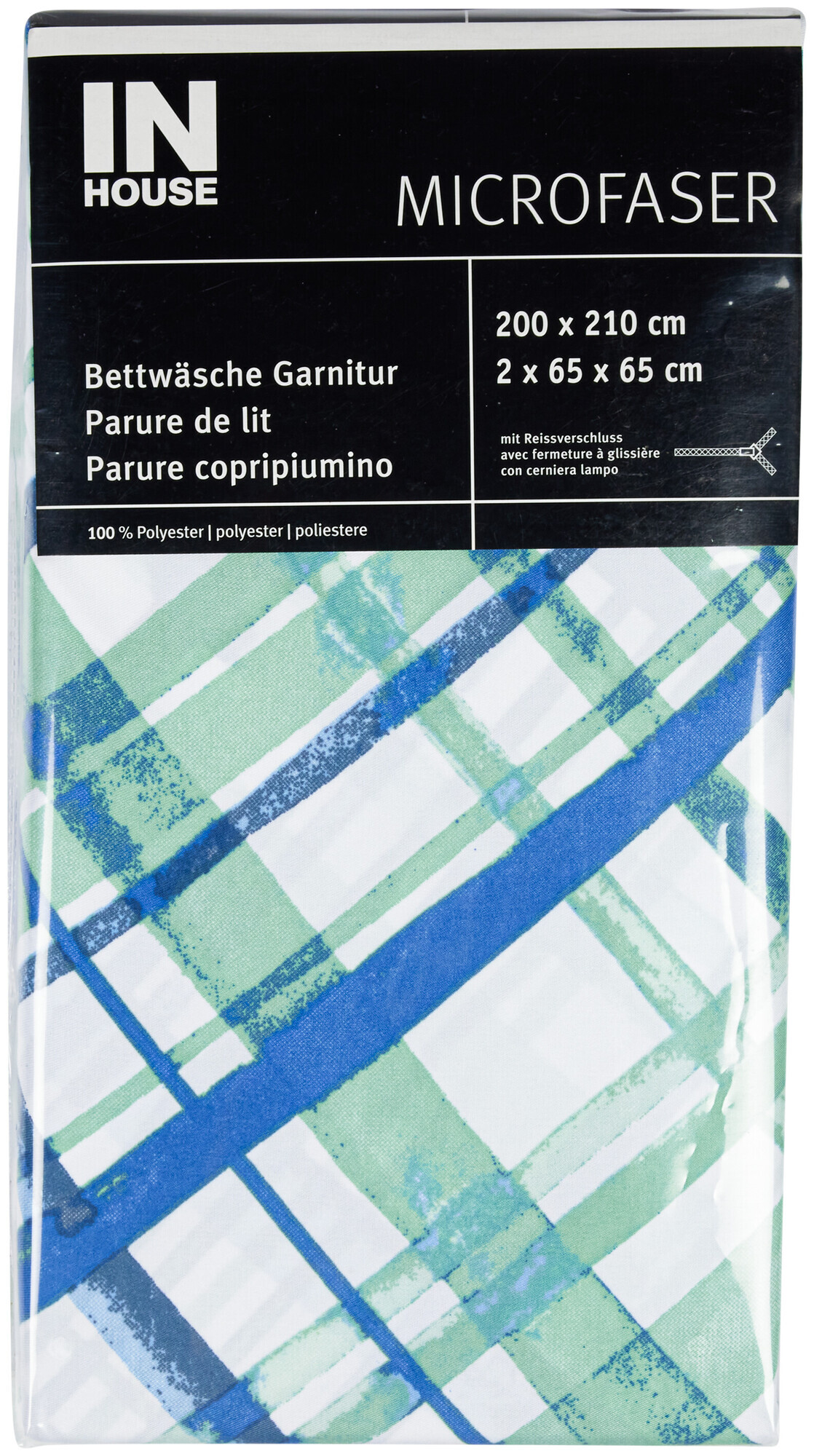 Inhouse IH parure de lit microfibre carreau bleu 200x210/2x65x65