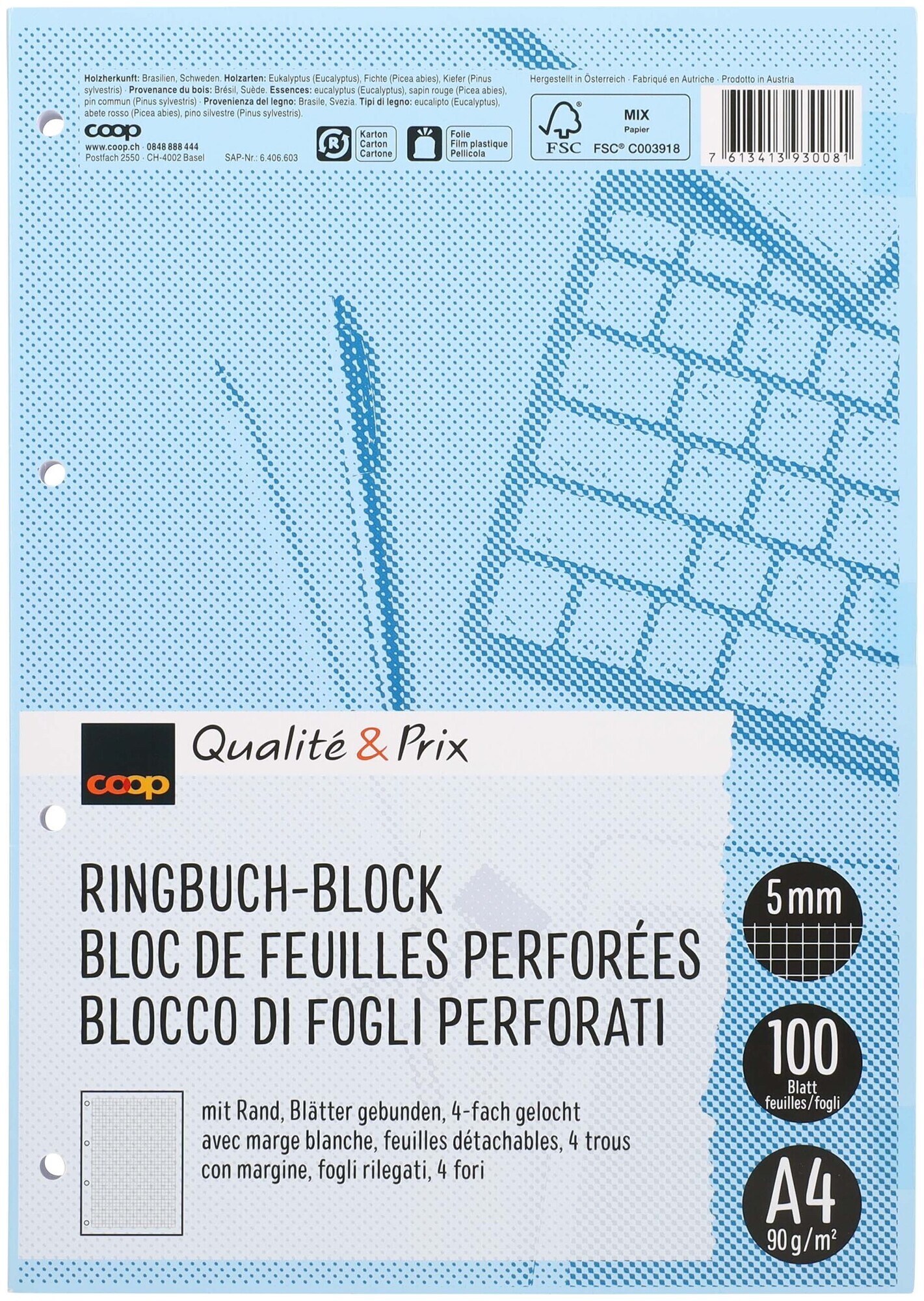 Image of Coop Qualité&Prix Ringbuchblock A4 weiss 5mm kariert 4-fach gelocht mit Rand