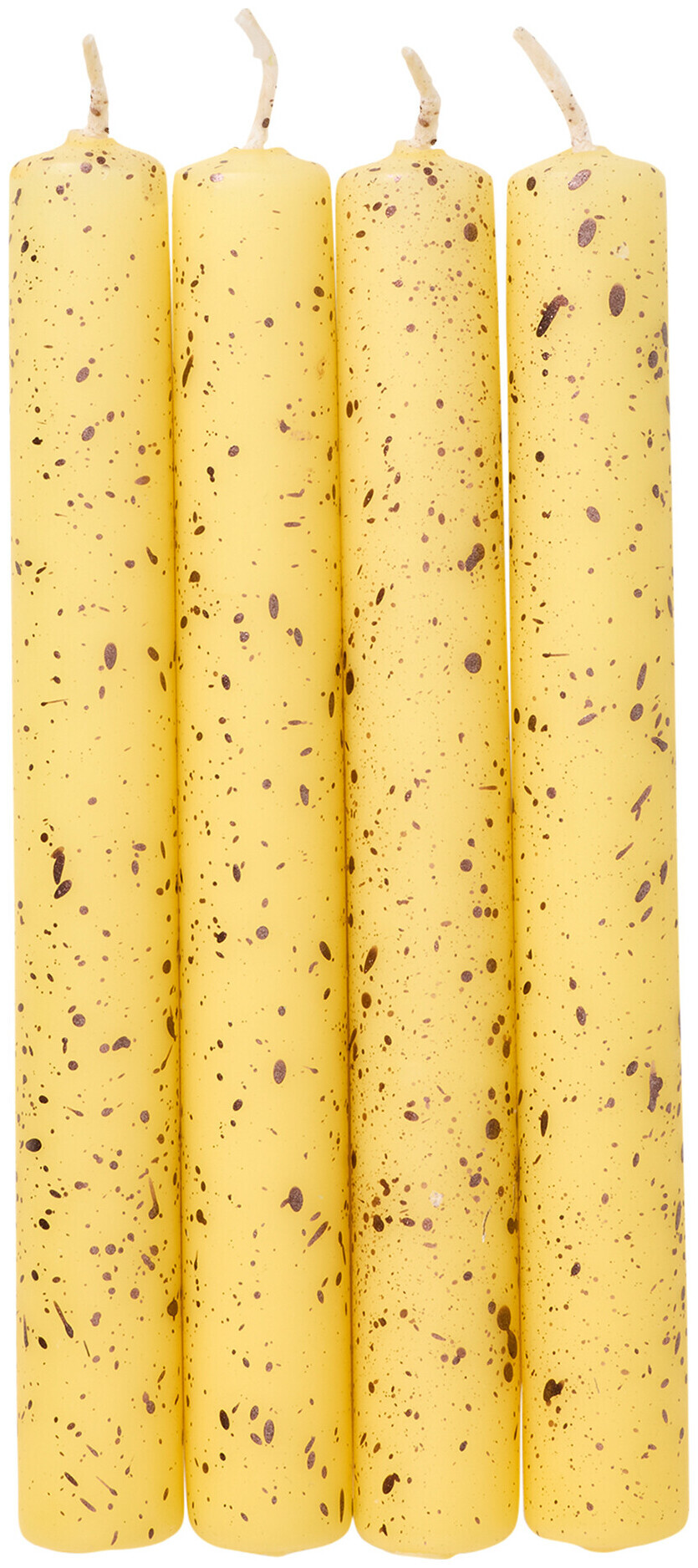 Image of Das 4er Set Stabkerzen gelb gesprenkelt bringt mit seinem warmen Gelb und den dezenten Sprenkeln eine fröhliche Atmosphäre in jeden Raum. Die Kerzen sind perfekt, um gemütliche Abende zu erhellen und besondere Momente zu verschönern. Hochwertig verarbeite