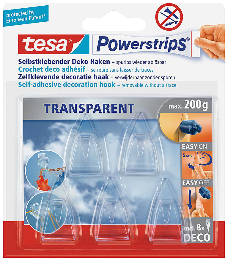 Image of tesa Powerstrips® Dekohaken - selbstklebend, transparent, hält Objekte bis 200g, entfern- und wiederverwendbar