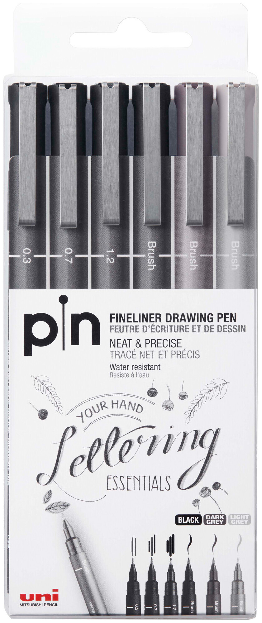 Image of Uniball uni PIN Fineliner Handlettering schwarz & grau 6Stk