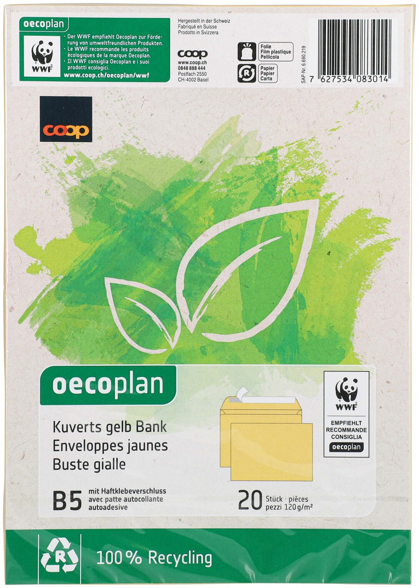 Image of Oecoplan Kuvert B5 Gelb Bank ohne Fenster