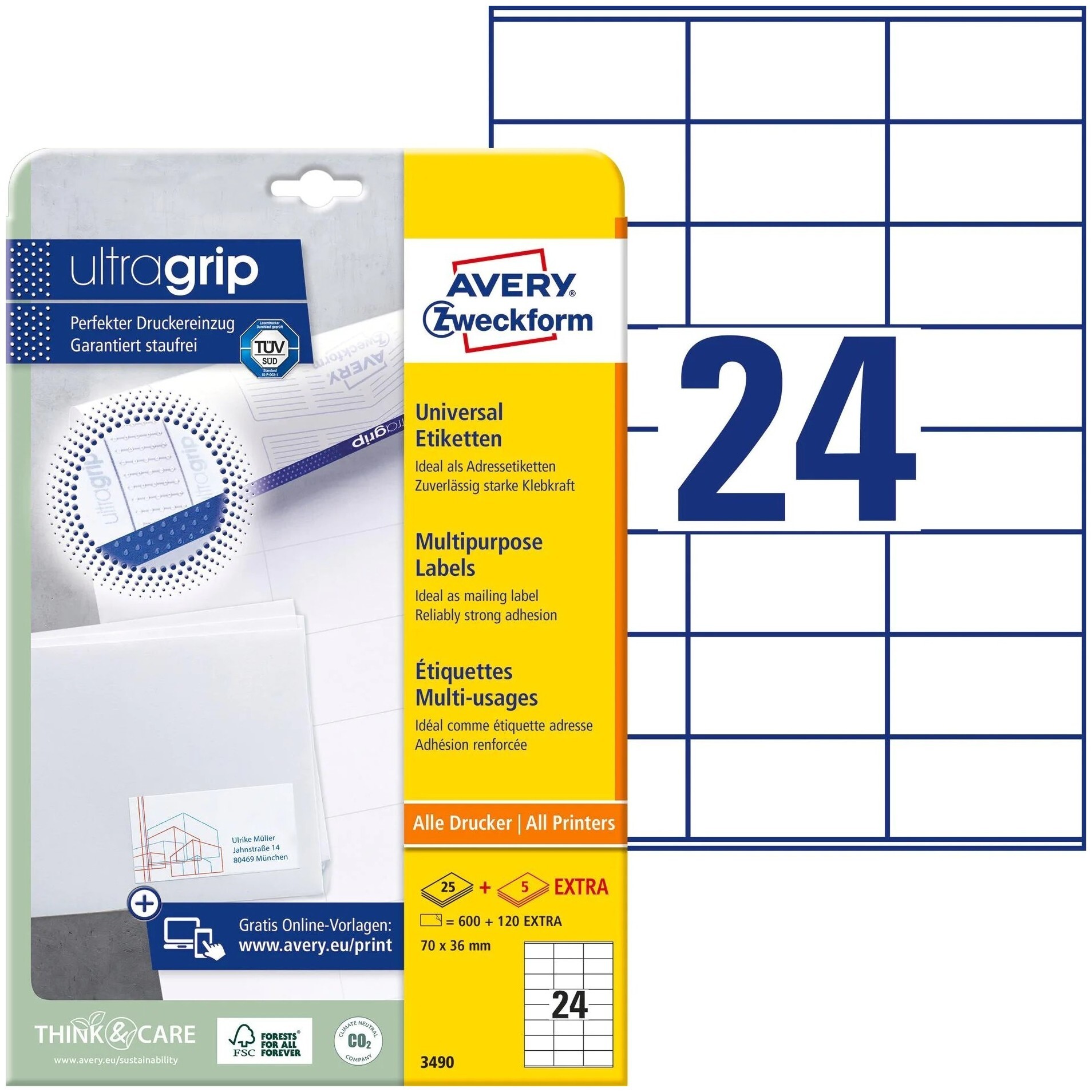 Image of Avery Zweckform 3490 Universal-Etiketten, A4 mit ultragrip, 70 x 36 mm, 30 Blatt