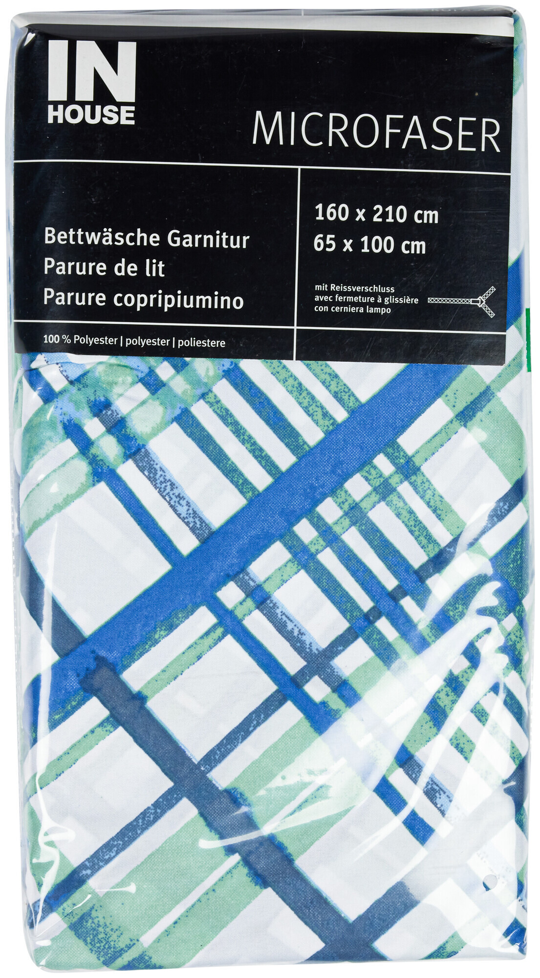 Inhouse IH parure de lit microfibre carreau bleu 160x210/65x100