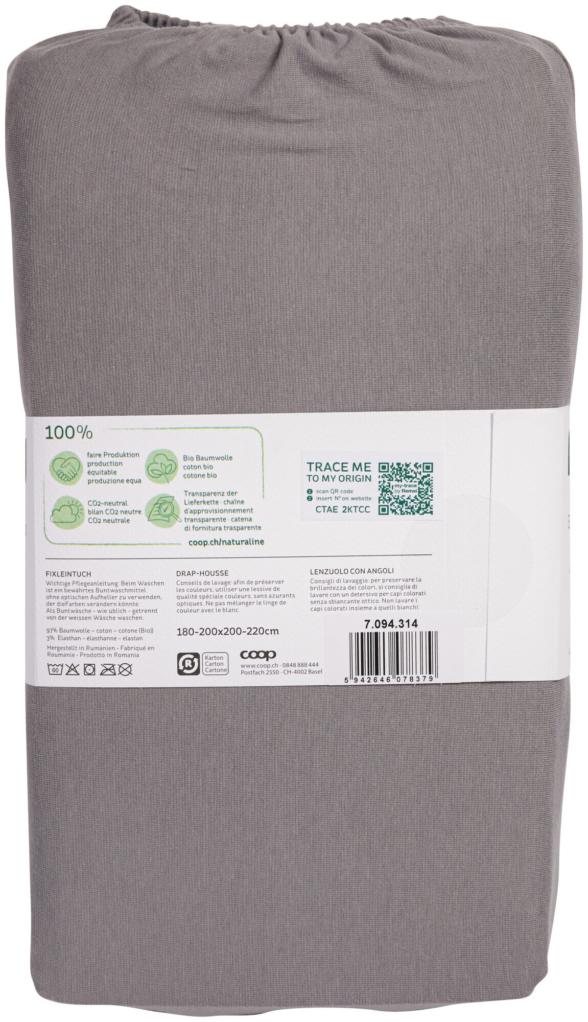 Naturaline Textil Bio Fixl. Jersey EA 180x200 grau