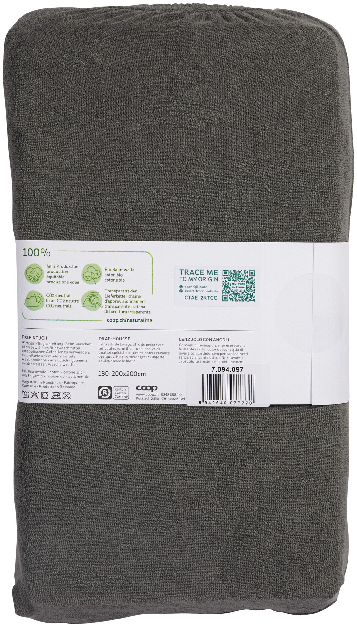 Image of Naturaline Textil Bio Fixl. Frotte 180x200 anthrazit