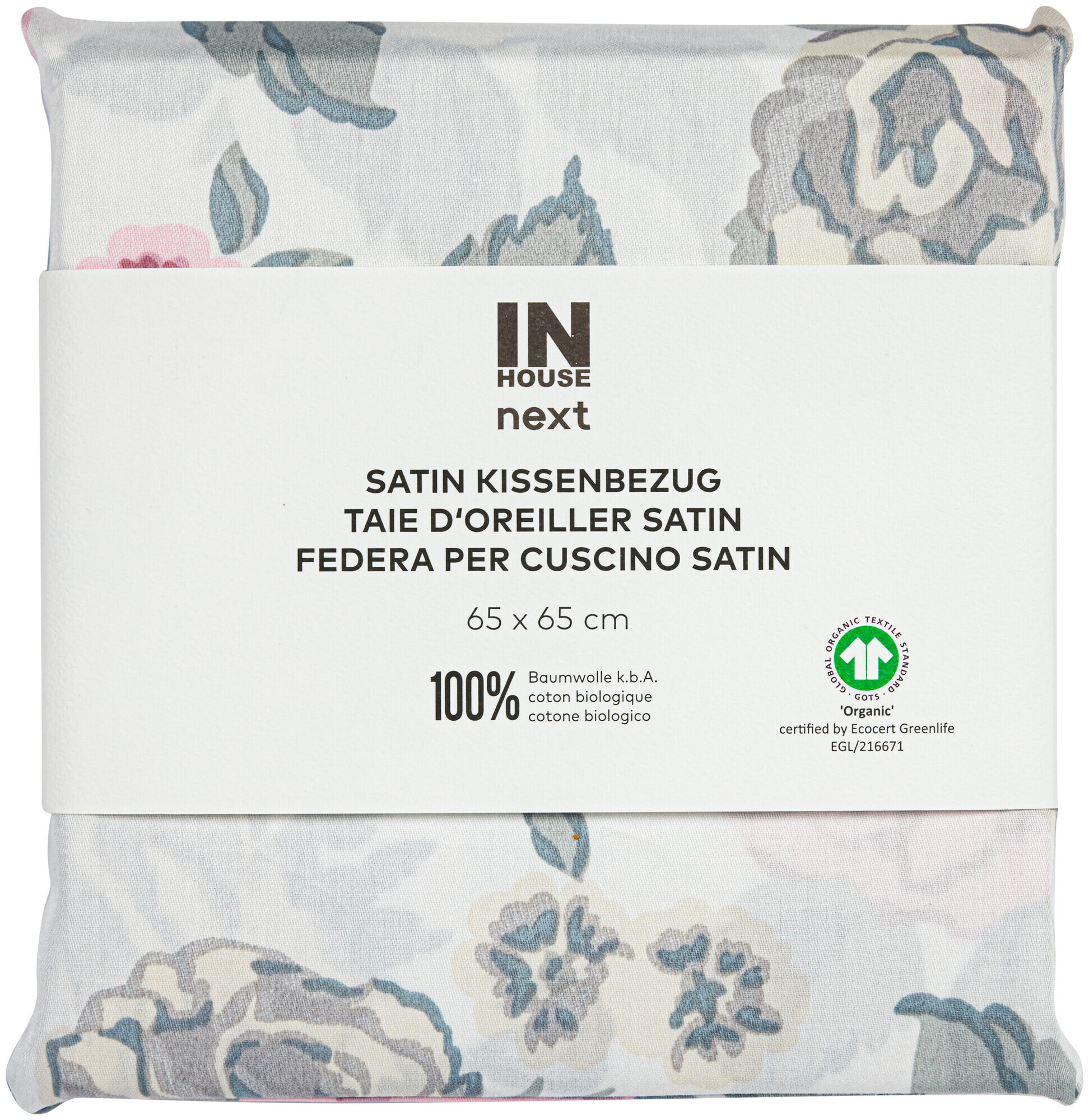 Image of Inhouse Kissen Gots Satin 65x65 Rosen weiss