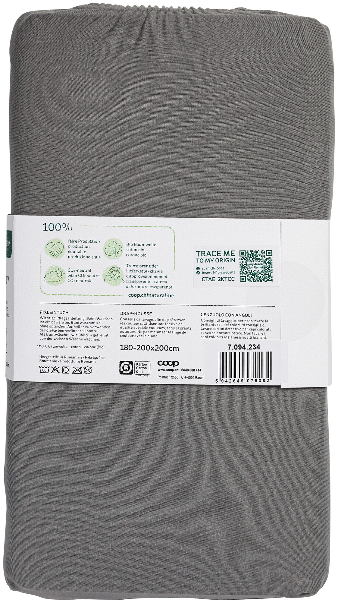 Naturaline Textil Bio Fixl. Jersey 180x200 grau