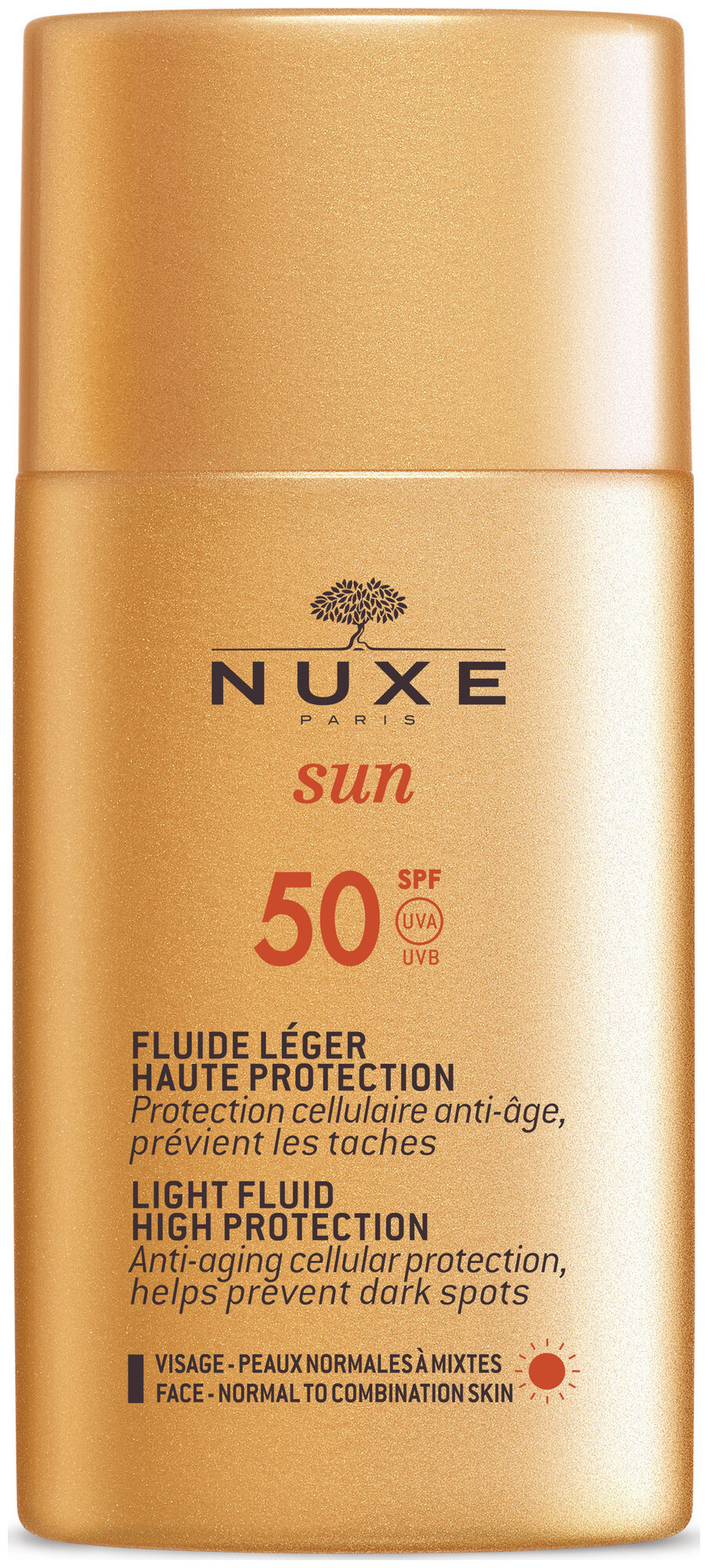 Image of Nuxe SUN Lsf50 leichtes Gesichtsfluid mit hoher SchutzwirkungSchützt die Haut vor frühzeitiger Alterung, versorgt sie mit Feuchtigkeit und optimiert die Bräune.normale bis MischhautFlakon 50ml