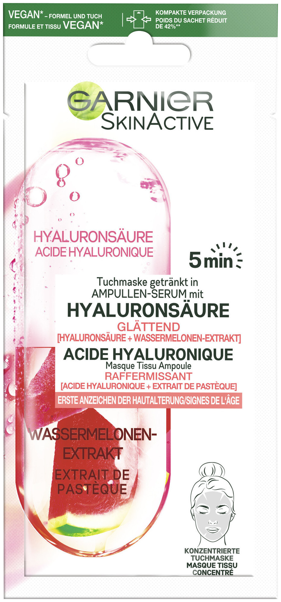 Image of Garnier Ampullen Tuchmaske Glättend mit Hyaluronsäure & Wassermelonen-Extrakt, 15.0g