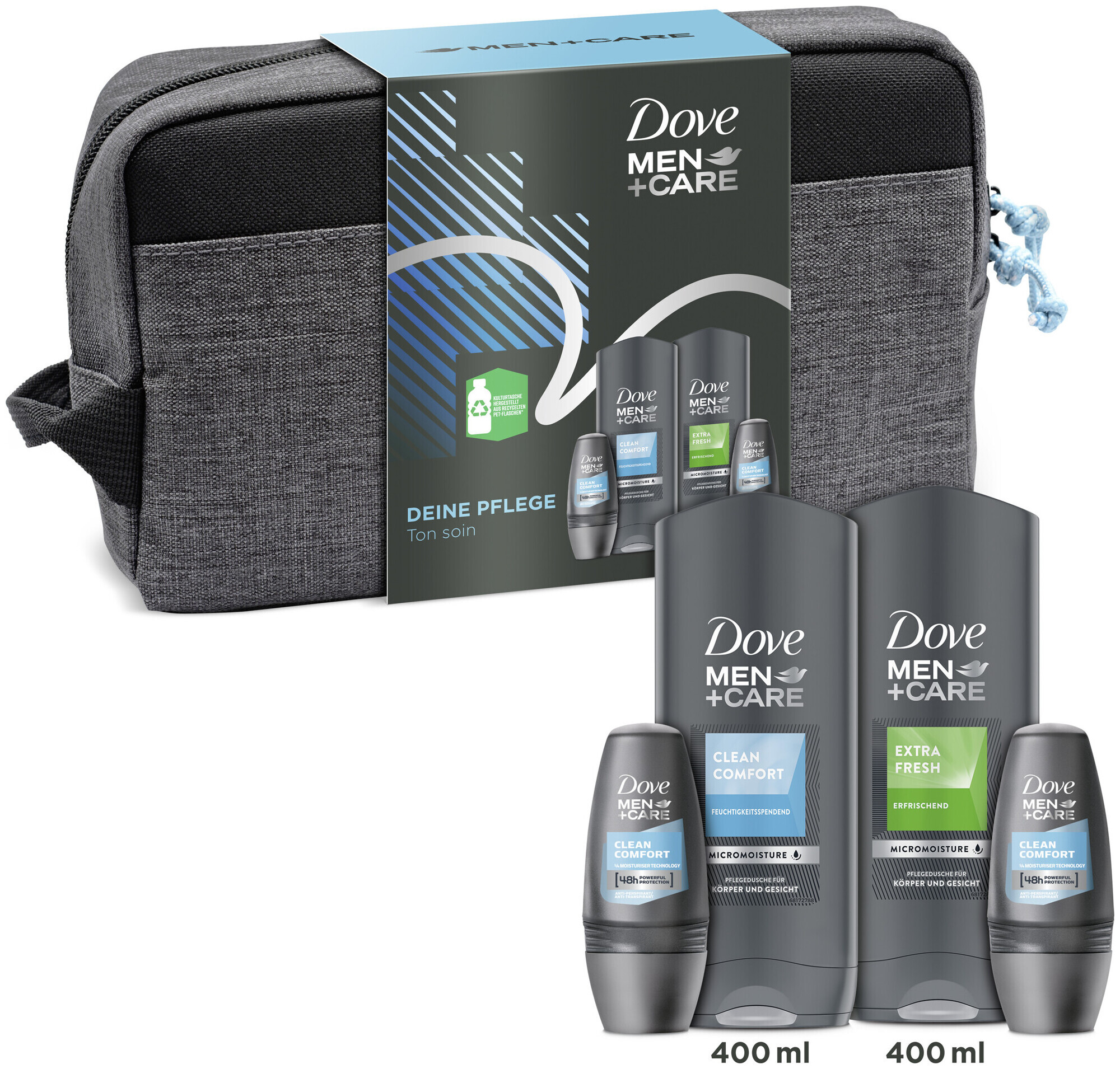 Image of Dove Men+Care Geschenkset Deine Pflege mit 2x Duschgel und 2x Deodorant Roll-On und Washbag (2x 400ml + 2x 50ml)