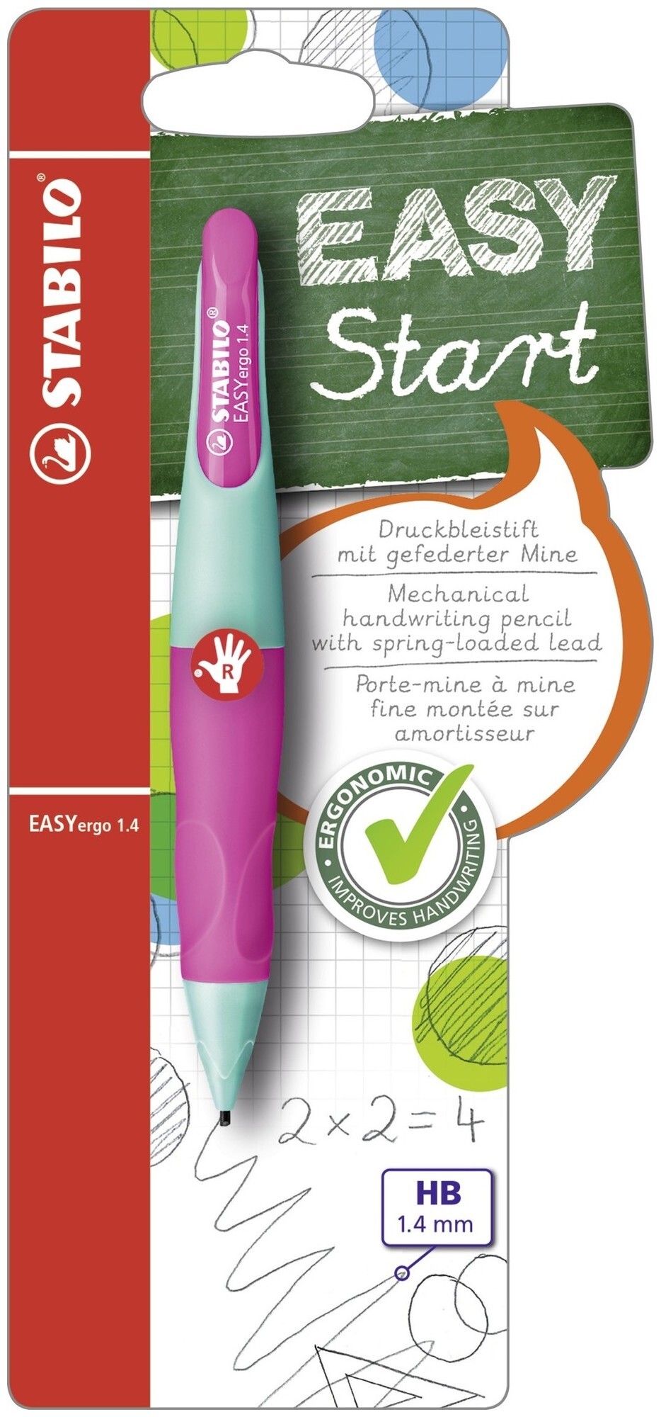 Porte-mine ergonomique - Stabilo EASYergo 1.4 - droitier - turquoise / rose