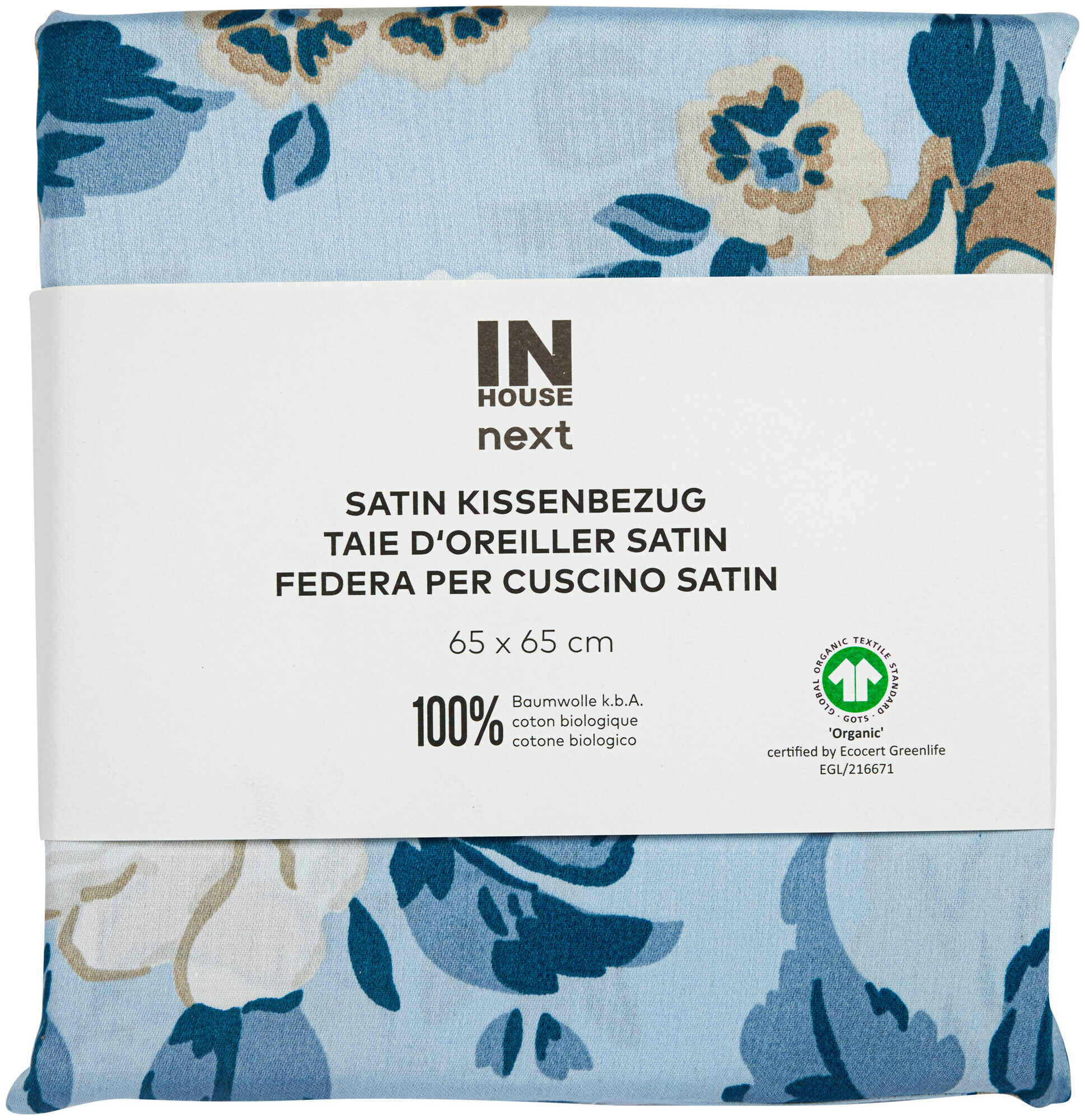 Image of Inhouse Kissen Gots Satin 65x65 Rosen hellblau