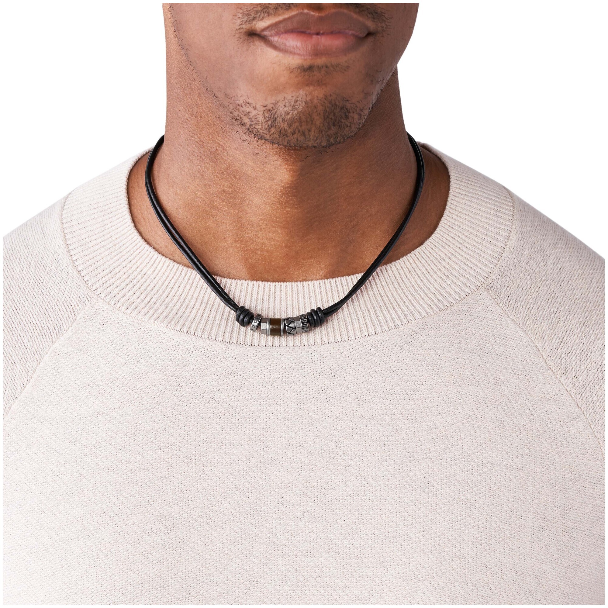 Fossil Jewels Fossil Collier en cuir noir avec perles en acier inoxydable