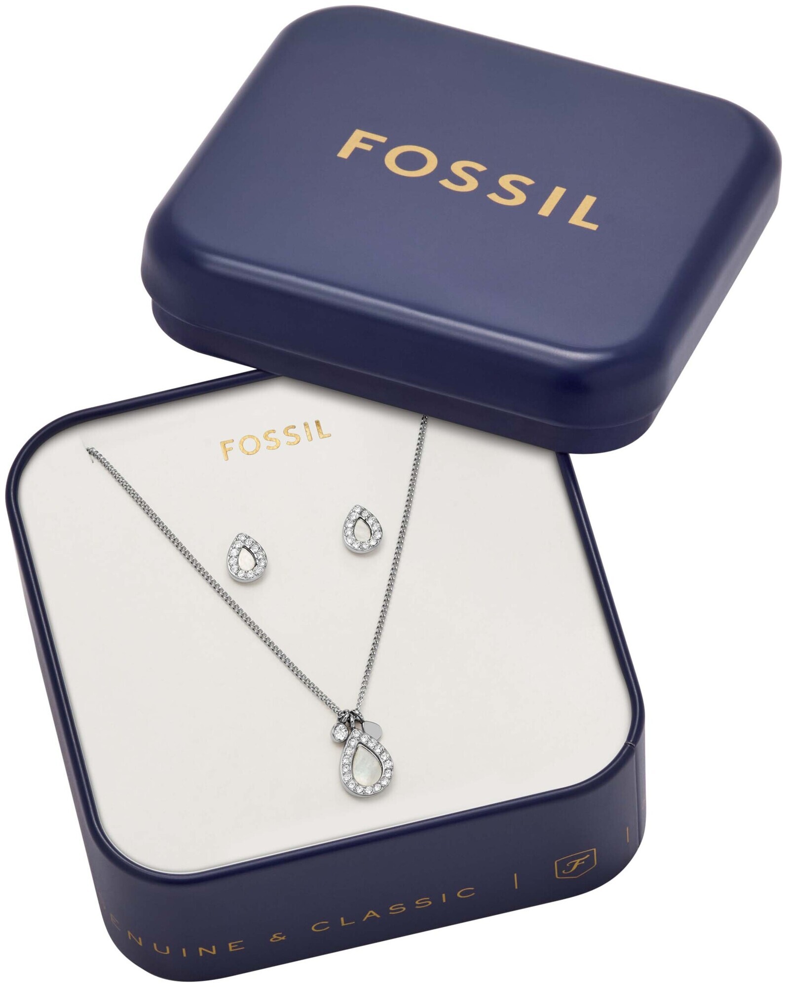 Fossil Jewels Fossil Coffret collier pendentif et boucles d’oreilles pour la Fête des Mères en acier inoxydable et nacre
