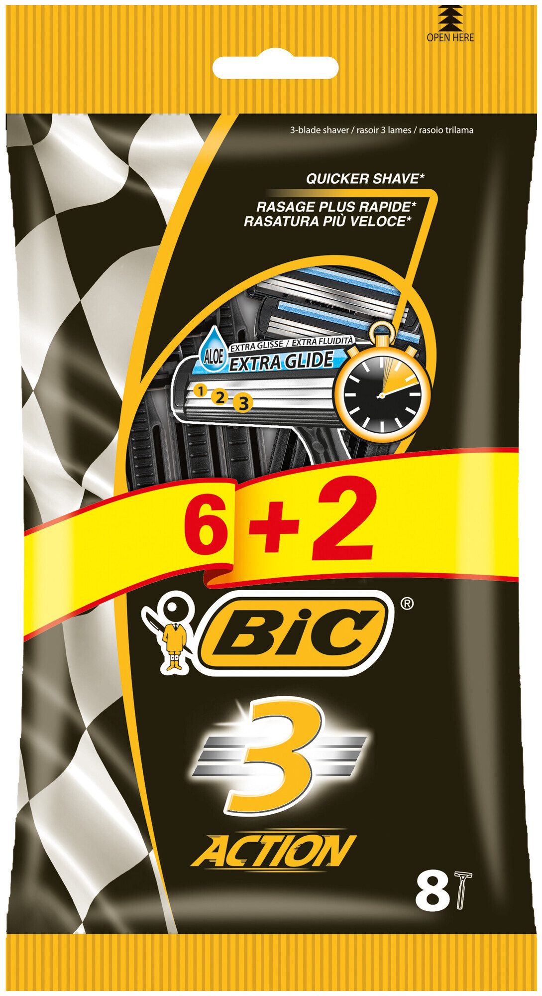 BIC 3 Action Rasoirs Jetables pour Homme - Pochette de 6+2