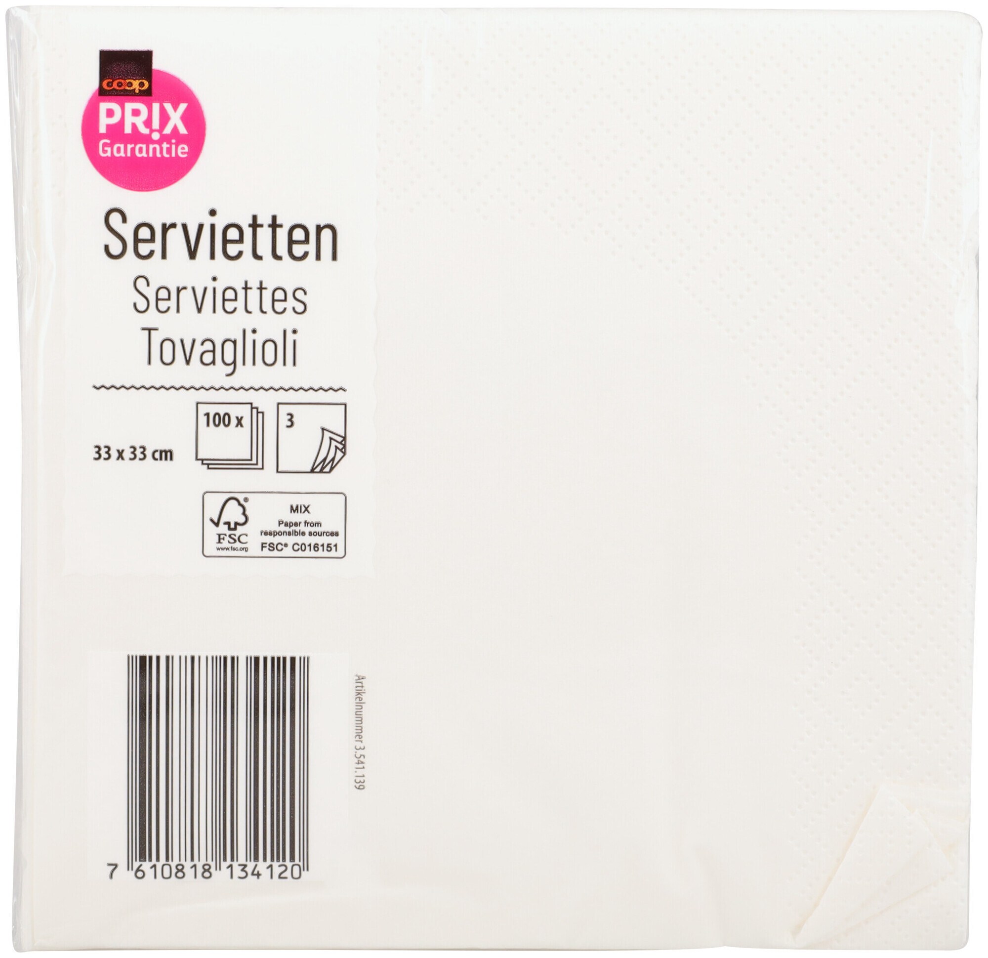 Image of Prix Garantie Servietten weiss 33x33cm, 100 Stück, 3-lagig