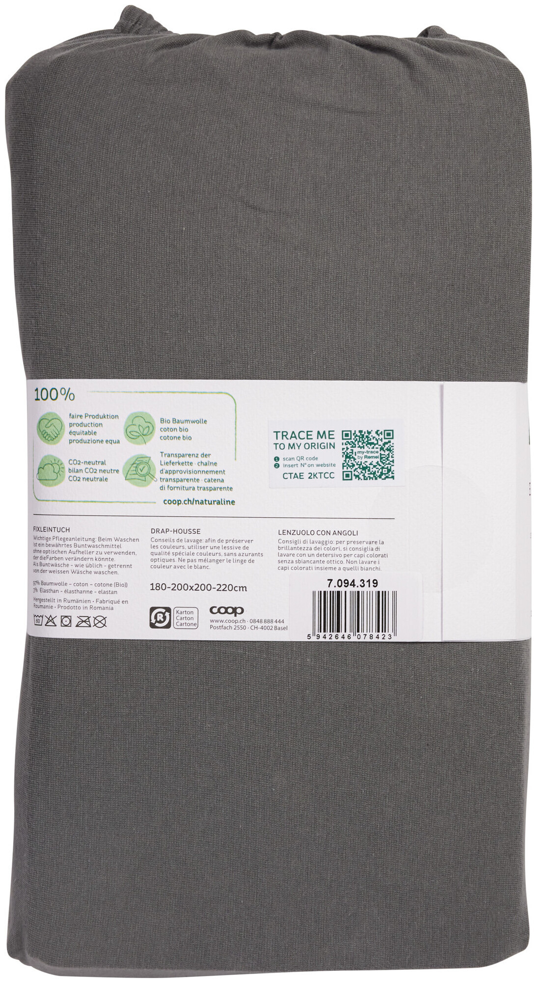 Image of Naturaline Textil Bio Fixl. Jersey EA 180x200 anthrazit