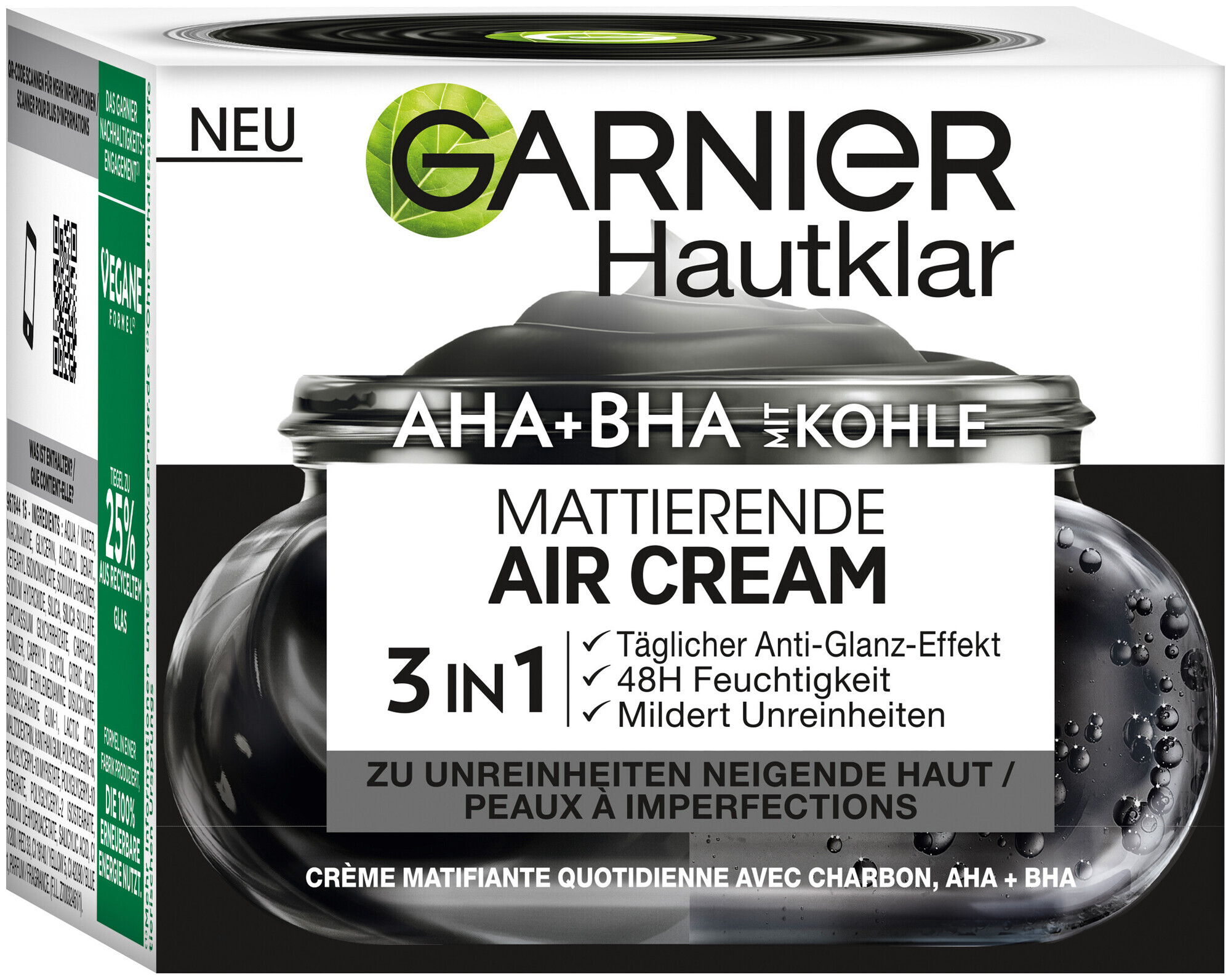 Image of Garnier SkinActive Gesichtscreme 3in1 Mattierende Air Cream Aha+Bha mit Kohle, 50.0ml