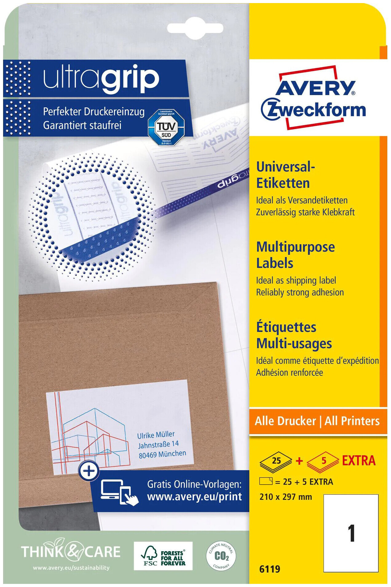 Image of Avery Zweckform 6119 Universal-Etiketten, A4 mit ultragrip, 210 x 297 mm, 30 Blatt