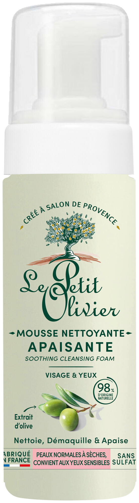 Le Petit Olivier Mousse Nettoyante Visage - Extrait d'Olive, Peaux Normales à Sèches, 150ml
