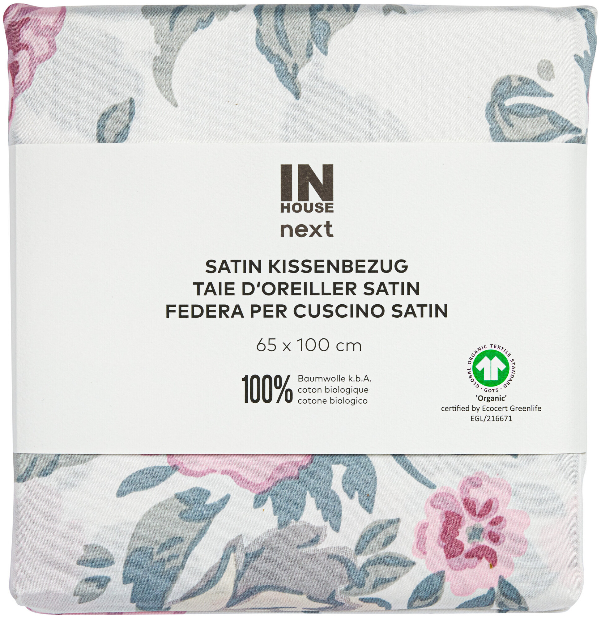 Image of Inhouse Kissen Gots Satin 65x100 Rosen weiss