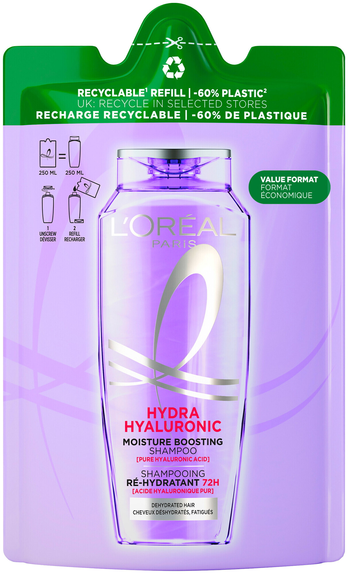 Image of Elsève L'Oréal Paris Hydra [Hyaluronic] 72H Feuchtigkeits-Auffüllendes Shampoo Nachfüllpack, 250ml