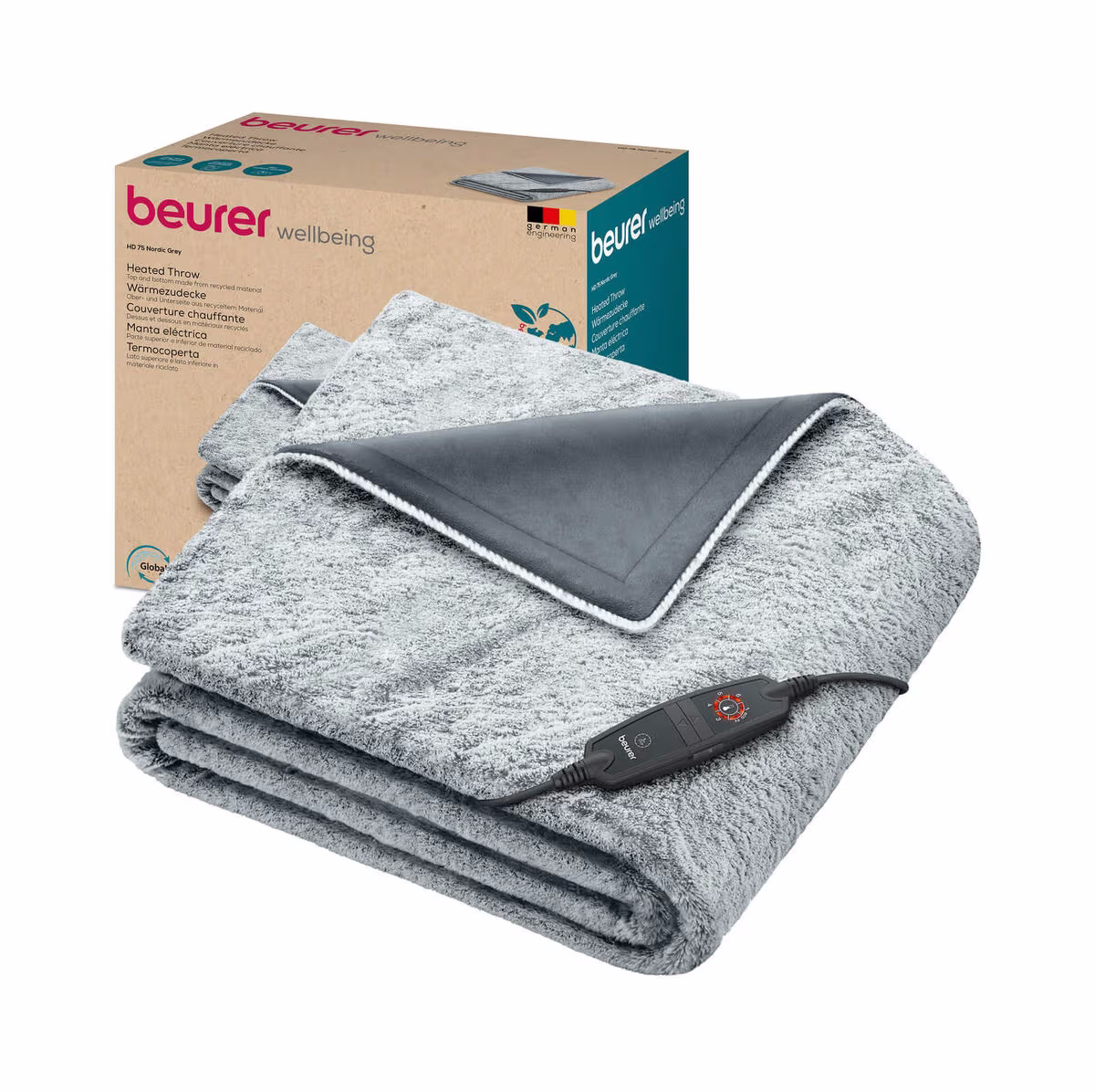 Beurer HD 75 Nordic Grey Green Planet Wärme-Kuscheldecke – Heizdecke/Wärmedecke – grau