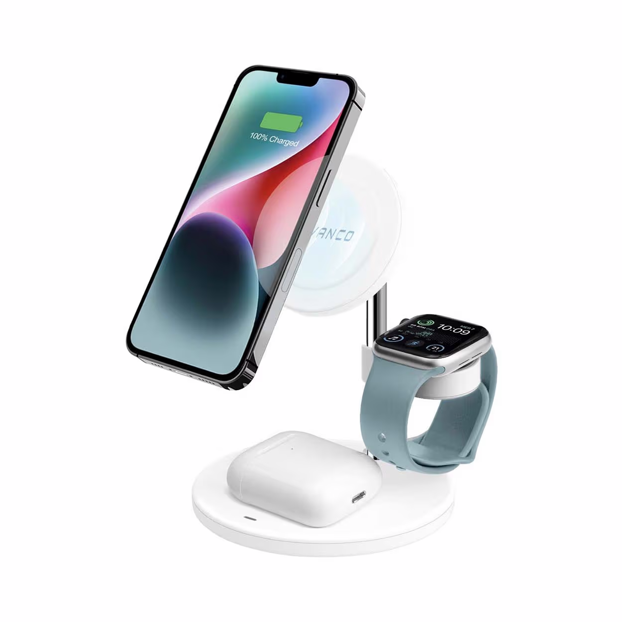 Image of Vivanco 3 in 1 wireless chargers stand Kabellose 3-in-1-Ladestation – USB C Kabel/Adapter/Ladegerät – weiss