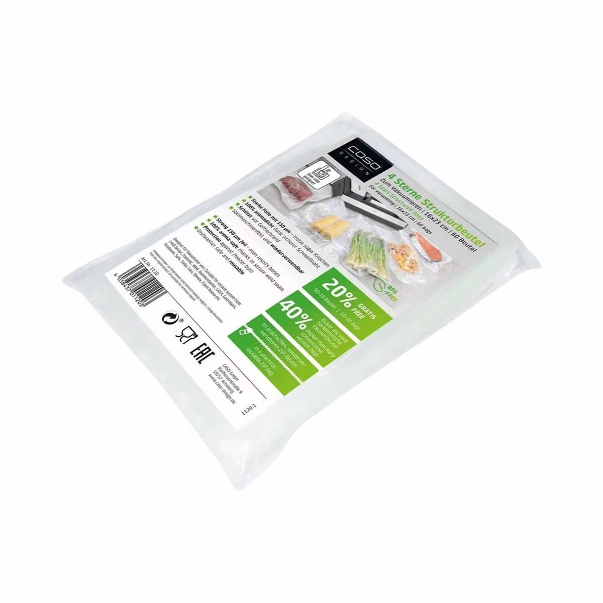 Image of Caso Strukturbeutel 16x23 cm 60 Stück – Vakuumiergerät Zubehör – transparent